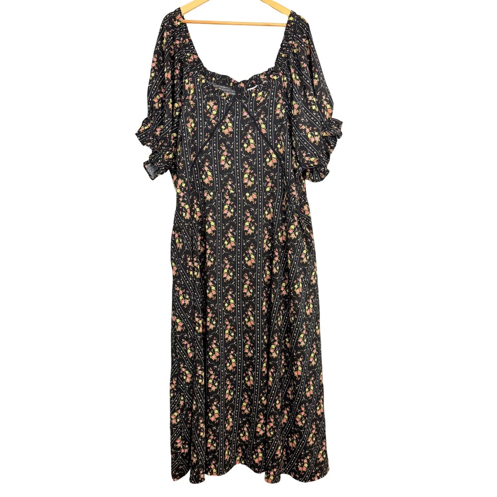 Ivy City Co Black Floral Stripe Smocked Midi Dress Square Neck Pockets Plus 3X
